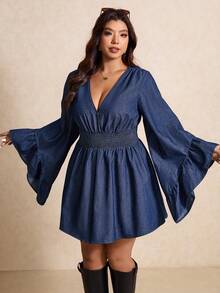 Elaquor French-Style Sexy Fitted Waist Ruffle Dress V-Neck Long Sleeve Dress Elegant Women's Clothing,Comfortable Lumbar Support Design - Dark Wash - View 3