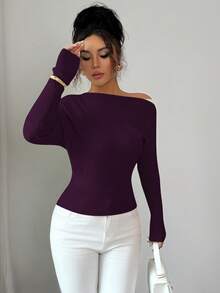 Elenzga Women's Colorblock Asymmetric-Shoulder Pullover Sweater, Elegant Vintage Style Suitable For Vacation And Holidays, Spring/Autumn - Red Violet - View 4