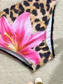 SHEIN Bộ 3 món đồ bơi bikini họa tiết hoa báo và hoa ly cho bé gái tuổi teen, nhiều màu sắc thời trang nhiệt đới, kèm khăn choàng Sarong, thích hợp cho kỳ nghỉ hè - Nhiều màu - Xem 3