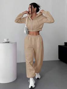 SHEIN EZwear Bộ đồ thể thao thường ngày bằng vải kaki dệt kim dành cho nữ - Màu Khaki - Xem 4