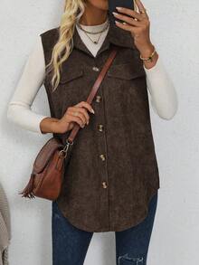 SHEIN LUNE 女士休闲无袖夹克，纯色，秋季 - 棕色 - 查看 3