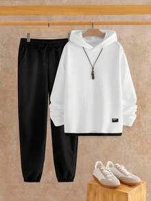 Manfinity VCAY Men's Contrast Color Long Sleeve Casual Waffle Knit Hoodie Set - White - View 7