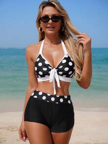 Swim Lushoire 2 件套女士泳衣套装，优雅复古黑白波尔卡圆点印花图案，可调节吊带颈带，适合海滩、泳池、休闲派对、度假 - 黑與白 - 查看 3