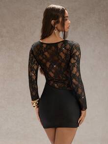 Glamine Women's Black Lace Glossy Mini Dress, Long-Sleeved Cutout See Through Outfit,Black Floral,Autumn,70s,Club,Party,Retro Chic Gala Night - Black - View 8