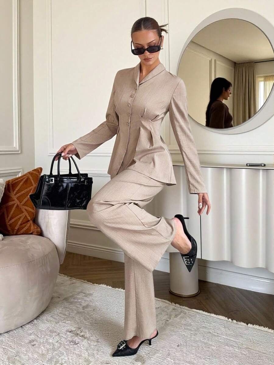 Siren Gaze 2 件套女士商务休闲办公/通勤装，适合教师 - 杏色 - 查看 1