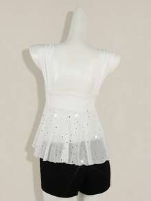 SHEIN ICON Áo ba lỗ nữ vải bóng viền lưới bất đối xứng - trắng - Xem 2