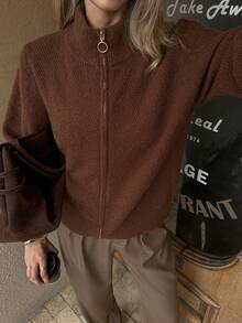Elyressa Women's Solid Color High Neck Raglan Sleeve Zip-Up Fashionable Knit Cardigan - Brown - View 1