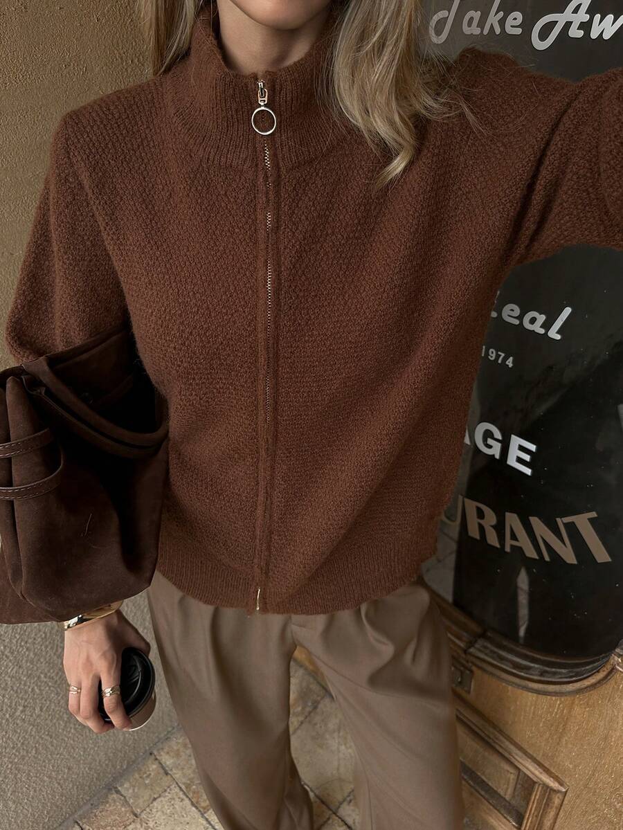 Elyressa Women's Solid Color High Neck Raglan Sleeve Zip-Up Fashionable Knit Cardigan - Brown - View 1