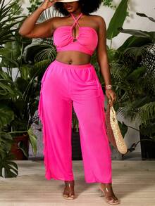Slaydiva Holiday Beach Neon Color Plus Size 3 PiecesSwimsuit Set - Hot Pink - View 1