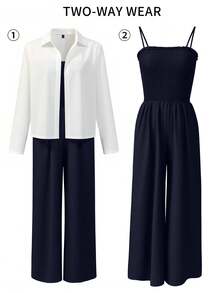 Franclia 女式休闲白衬衫和黑色连体裤两件套 - 藏蓝色 - 查看 3