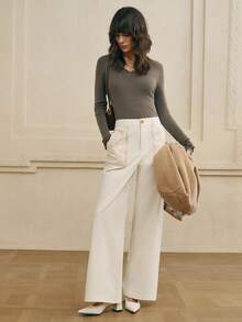 Cévolie Calça feminina folgada, casual, com bolsos bordados florais e pernas largas - Bege - Ver 3