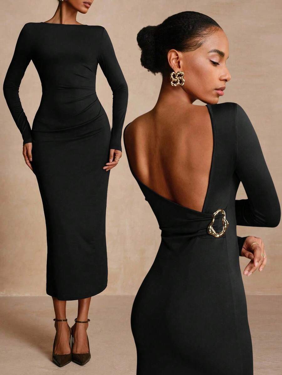 Vesra Vestido de punto ajustado con decoración metálica en la espalda para mujeres, para fiestas y reuniones - Negro - Ver 1