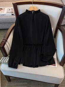 GlowEve CURVE 大码女式立领长袖纯色衬衫，适合日常通勤，秋冬季，百搭时尚，显瘦 - 黑色 - 查看 2