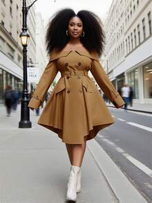 Slaydiva Robe asymétrique à épaules dénudées et double boutonnage pour femmes grandes tailles, couleur unie, robe kaki d'automne pour femmes, robe marron café, robe marron élégante pour femmes - Marron - Voir 2