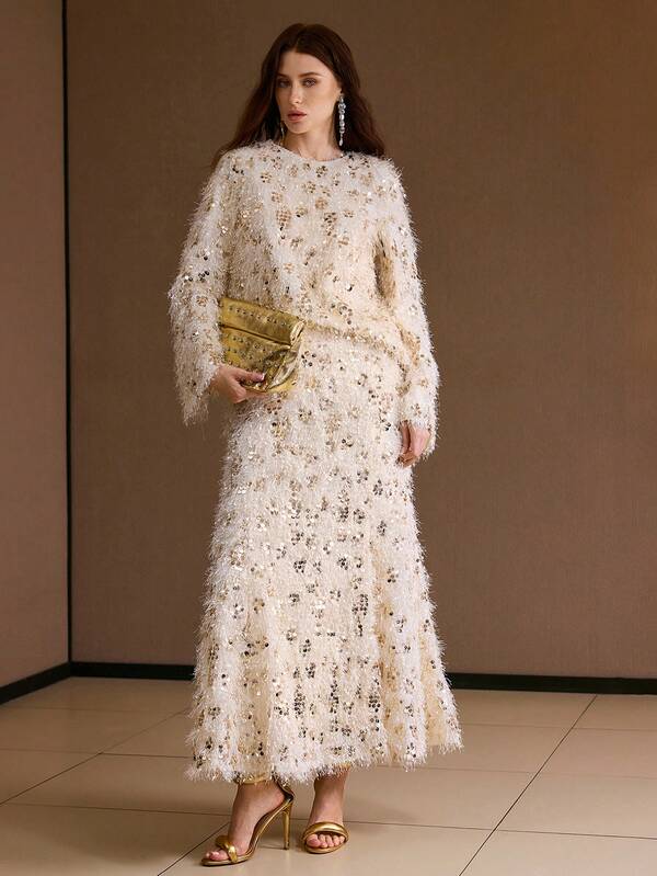 MOTF PREMIUM مجموعة تنورة وبلوزة مرصعة بالترتر بسيطة، خريف/شتاء