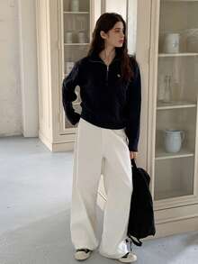 DAZY Teen Girl Solid Color Half-Zip Dropped Shoulder Long Sleeve Cable Knit Casual Pullover Sweater - Navy Blue - View 5