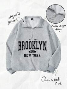 Attitoon 复古美式校园风格休闲超大中性女式宽松半拉链高领羊毛连帽衫，适合秋冬季 - 灰色 - 查看 2