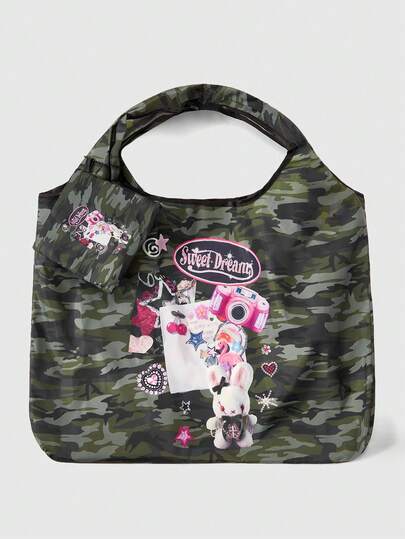 Goth 1pc Fashionable Eye-Shaped Celestial Motif Storage Pouch, Large Capacity Foldable Tote Bag With Coin Purse