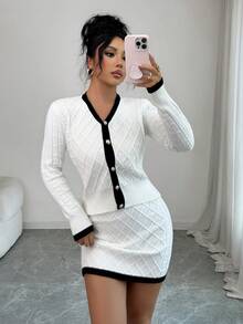 SHEIN Elenzya 2件套V领纽扣针织长袖上衣和裙子套装，秋冬 - 黑與白 - 查看 5