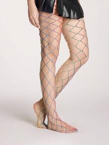 ROMWE Goth 1pair Women's White Asymmetrical Ripped Fishnet Stockings, All Seasons - iridescent - View 5