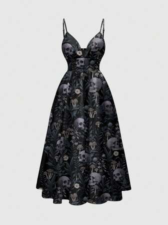 Goth Vestido de tirantes con estampado de esqueleto, seta y hoja de bosque oscuro vintage gótico para mujer