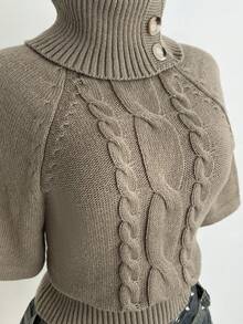 Elamini Maglione da donna con collo a lupetto, maniche corte e colletto a cappuccio, design alla moda per un uso versatile quotidiano, adatto per l'autunno/inverno - Cachi - Visualizzare 5