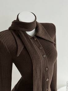 Elamini 棕色针织羊毛罗纹面料两件套，带围巾的开衫，前襟纽扣，翻领，长喇叭袖，开衩下摆，女士修身衬衫，秋冬，时尚，通勤、办公室、教师、学校、优雅、浪漫、休闲日常穿着 - 棕色 - 查看 7