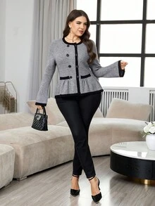 Modelyn Áo khoác cardigan tay loe viền màu thanh lịch cỡ lớn dành cho người đi làm - Xám - Xem 3