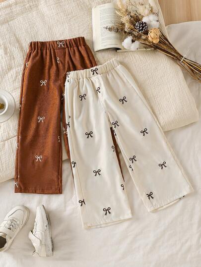 Genkimix Kids 2 件套女童休闲宽松直筒裤，蝴蝶刺绣，适合春秋季