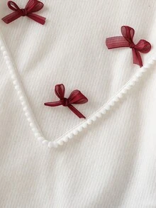 Genkimix Kids 2pcs/Set Tween Girl Christmas Autumn/Winter Korean Fashion Chic Girls Outfit, Bow Decor Sweet Round Neck Long Sleeve Top + Pleated Skirt 2 Pieces - Red - View 3