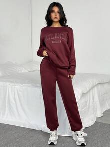 Sparklyn 少女休闲百搭运动百搭街头字母图案圆领超大卫衣+裤子保暖装，秋冬