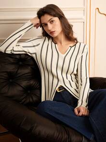 Lilora Women's Elegant Off-White Striped Long-Sleeved Pullover Sweater,Autumn Brunch Casual Chic,Old Money Style,Vintage Retro Boho,Modest Commuting Outing - Yellow - View 7
