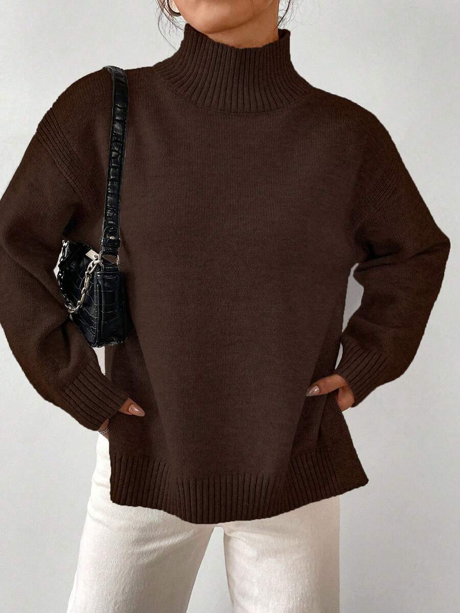 Chiquease Áo len cổ đứng xẻ tà màu trơn thường ngày cho nữ, Thu/Đông - Cà phê nâu - Xem 1