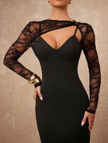 Lumalex Winter Fall Asymmetrical Lace Patchwork Long Sleeve V-Neck Bodycon Dress For Women Long Sleeve Formal Dress Black Long Dress Elegant Black Formal Evening Gown Black Wedding Guest Dress  Luxury Prom Gathering Party Banquet Modest Old Money Coquette Glitter Holiday Party Rave Festival Outing Vacation Hot Outdoor Richly Layered Wedding Season Banquet ID Al-Adha Al-Adha Party New Year ANCORA Red Bordeaux Red BURGUNDY Red Party Must Have Perfect For Frosty Days - Black - View 7