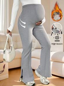 SHEIN 孕妇纯色可调节腰部休闲喇叭紧身裤