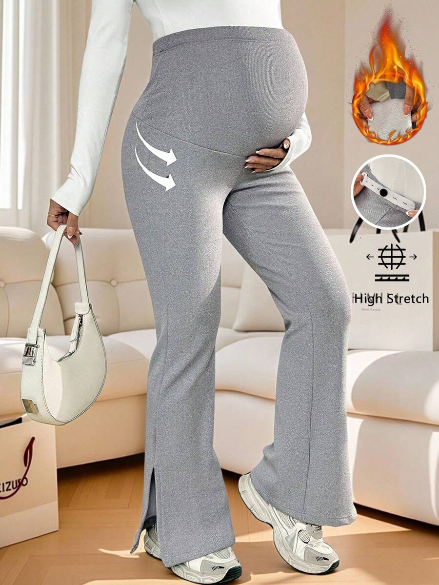 SHEIN 孕妇纯色可调节腰部休闲喇叭紧身裤