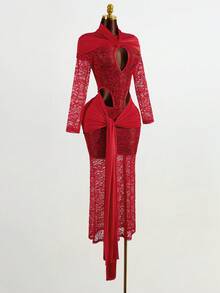 Mistrie 女式长袖镂空扭纹设计性感蕾丝紧身连衣裙 - 紅色 - 查看 7