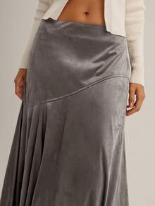 Nöista Grey Solid Midi Skirt,Soft Suede Texture Autumn Casual Hiking Gentle Flared Silhouette,Subtle Diagonal Seam Sophisticated Winter Evening Skirt - Grey - View 5