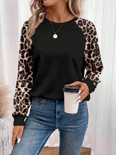 SHEIN LUNE Women's Leopard Print Contrast Color Raglan Sleeve Sweatshirt, Suitable For Autumn/Winter Animal Print Top,Casual