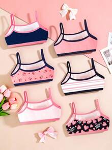 6件套情人节女孩简约时尚心形蝴蝶结印花棉质吊带背心内衣套装 - 彩色 - 查看 2