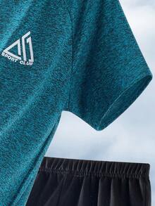 SHEIN Tween Boy Colorblock Pattern T-Shirt & Shorts Sports Outfit 2pcs Set - Blue - View 4