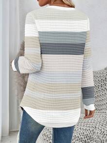 SHEIN LUNE Autumn/Winter Round Neck Plaid Casual White Comfortable Sweatshirt With Curved Hemline And Side Slits Long Sleeve Striped Top,Fall,Fall Clothes For Women - Multicolor - View 2
