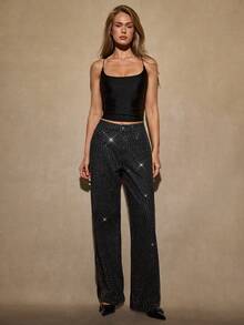 SHEIN BAE 女式优雅水钻装饰口袋牛仔裤 - 黑色 - 查看 6