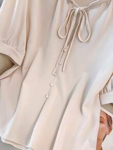 Vionelle Plus Tie Neck Puff Sleeve Blouse