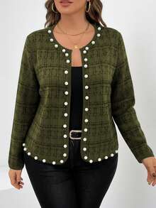SHEIN Clasi Plus Size Women Tweed Print Beaded Decor Jacket, Suitable For Teachers, Autumn/Winter - Army Green - View 1