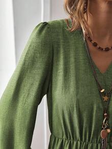 EMERY ROSE Damska jesienna sukienka w stylu boho, casualowa, w stylu wakacyjnym, w kolorze rdzawobrązowym, z dekoltem w serek i długim rękawem, w patchworkowym stylu - Wojskowa Zieleń - Zobacz 5