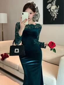 DAZY 女士秋季蕾丝拼接鱼尾保暖中长连衣裙舞会礼服 - 綠色 - 查看 5