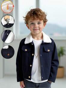 1件男童休闲韩版灯芯绒加厚外套，简约方便日常穿着及户外活动，秋冬季保暖保暖。 - 藏蓝色 - 查看 7