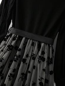 SHEIN Clasi 大码优雅休闲通勤系带腰圆领拼接长袖连衣裙 - 彩色 - 查看 8