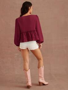 WESTFADE Áo dài tay Babydoll cổ chữ V dệt kim và dệt kim hỗn hợp màu đỏ ngày lễ tình nhân - Màu Đỏ Sâu - Xem 4